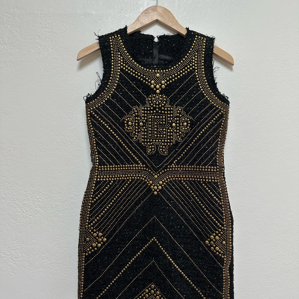 Balmain Black Mini Boucle Tweed Dress with Gold Stud Embellishment